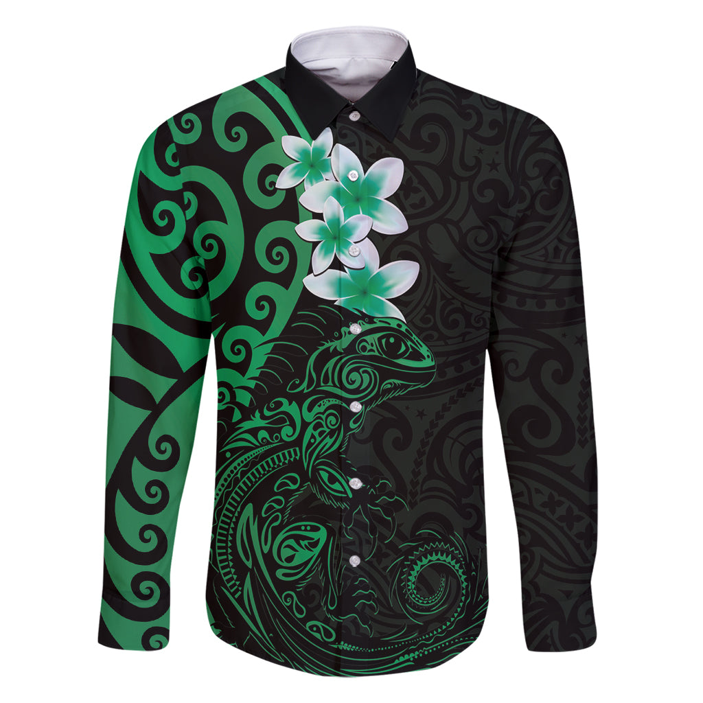 New Zealand Tuatara Plumeria Family Matching Off Shoulder Maxi Dress and Hawaiian Shirt Maori Green Koru Tribal Tattoo LT01 Dad's Shirt - Long Sleeve Green - Polynesian Pride