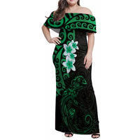 New Zealand Tuatara Plumeria Family Matching Off Shoulder Maxi Dress and Hawaiian Shirt Maori Green Koru Tribal Tattoo LT01 Mom's Dress Green - Polynesian Pride