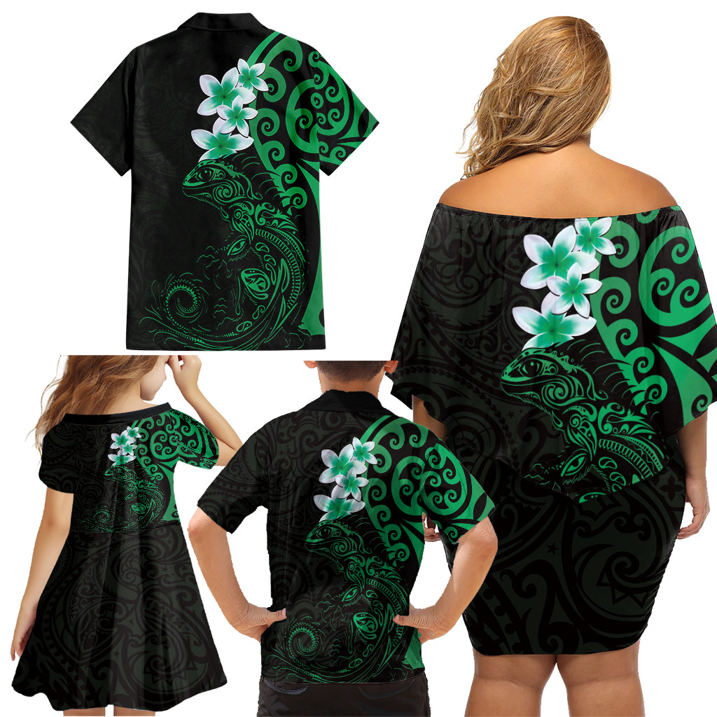 New Zealand Tuatara Plumeria Family Matching Off Shoulder Short Dress and Hawaiian Shirt Maori Green Koru Tribal Tattoo LT01 - Polynesian Pride