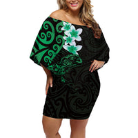 New Zealand Tuatara Plumeria Family Matching Off Shoulder Short Dress and Hawaiian Shirt Maori Green Koru Tribal Tattoo LT01 Mom's Dress Green - Polynesian Pride