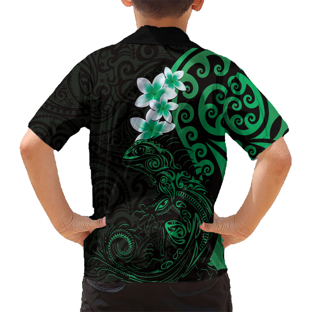 New Zealand Tuatara Plumeria Family Matching Short Sleeve Bodycon Dress and Hawaiian Shirt Maori Green Koru Tribal Tattoo LT01 - Polynesian Pride
