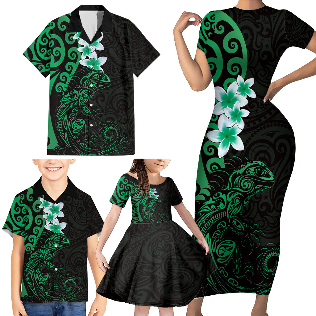 New Zealand Tuatara Plumeria Family Matching Short Sleeve Bodycon Dress and Hawaiian Shirt Maori Green Koru Tribal Tattoo LT01 - Polynesian Pride