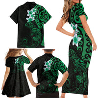 New Zealand Tuatara Plumeria Family Matching Short Sleeve Bodycon Dress and Hawaiian Shirt Maori Green Koru Tribal Tattoo LT01 - Polynesian Pride