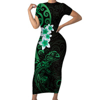 New Zealand Tuatara Plumeria Family Matching Short Sleeve Bodycon Dress and Hawaiian Shirt Maori Green Koru Tribal Tattoo LT01 Mom's Dress Green - Polynesian Pride