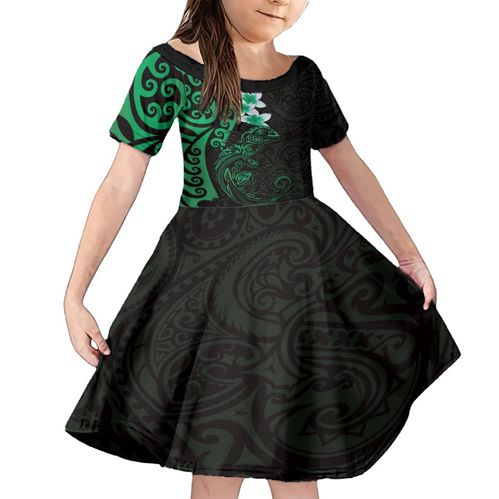 New Zealand Tuatara Plumeria Family Matching Summer Maxi Dress and Hawaiian Shirt Maori Green Koru Tribal Tattoo LT01 Daughter's Dress Green - Polynesian Pride