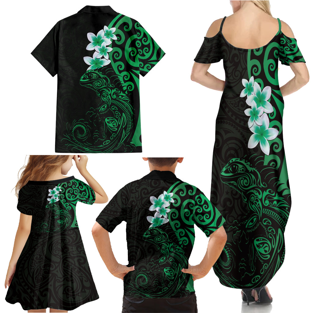 New Zealand Tuatara Plumeria Family Matching Summer Maxi Dress and Hawaiian Shirt Maori Green Koru Tribal Tattoo LT01 - Polynesian Pride