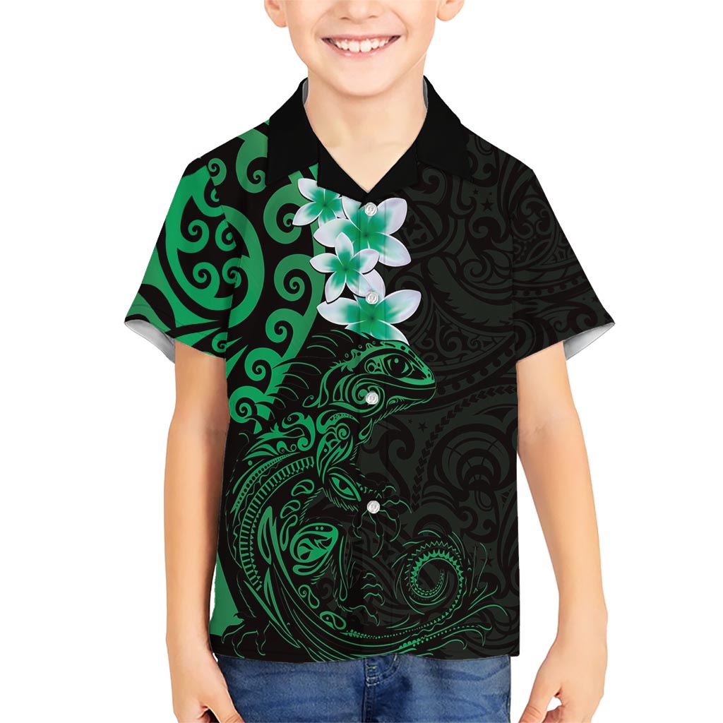 New Zealand Tuatara Plumeria Hawaiian Shirt Maori Green Koru Tribal Tattoo LT01 - Polynesian Pride