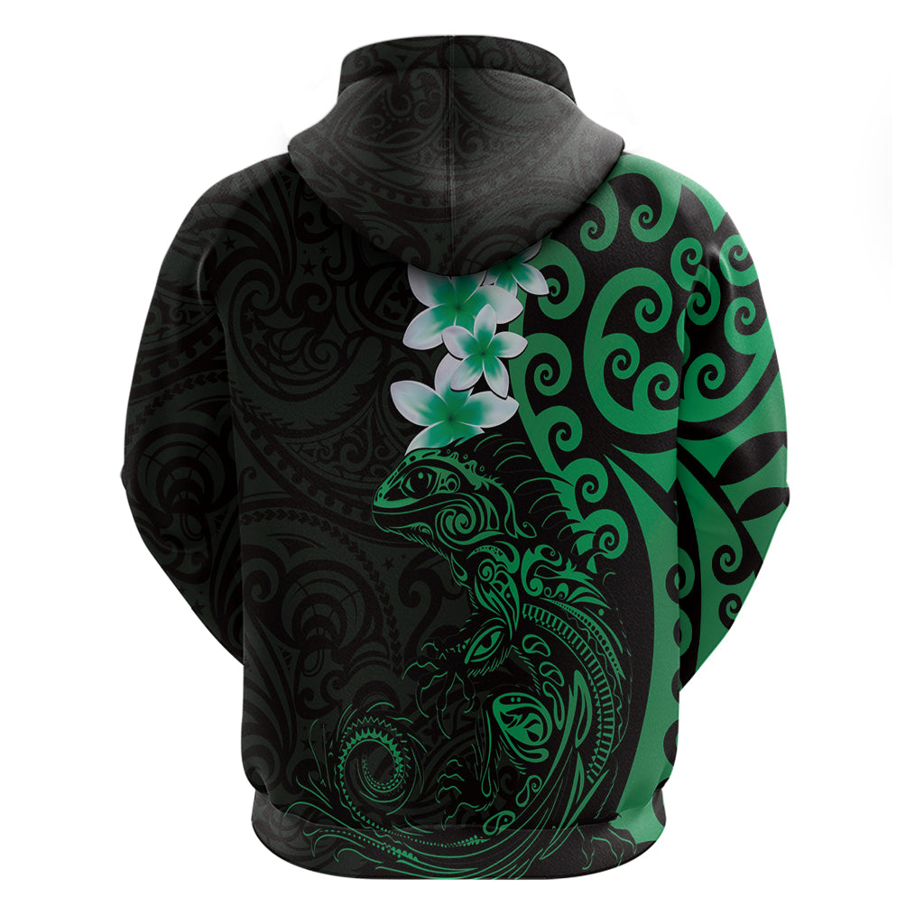 New Zealand Tuatara Plumeria Hoodie Maori Green Koru Tribal Tattoo LT01 - Polynesian Pride