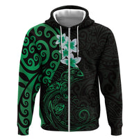 New Zealand Tuatara Plumeria Hoodie Maori Green Koru Tribal Tattoo LT01 Zip Hoodie Green - Polynesian Pride