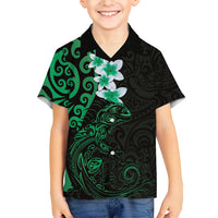 New Zealand Tuatara Plumeria Kid Hawaiian Shirt Maori Green Koru Tribal Tattoo LT01 Kid Green - Polynesian Pride