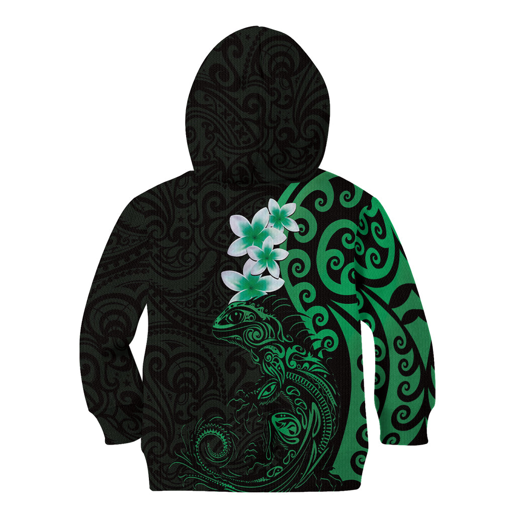 New Zealand Tuatara Plumeria Kid Hoodie Maori Green Koru Tribal Tattoo LT01 - Polynesian Pride