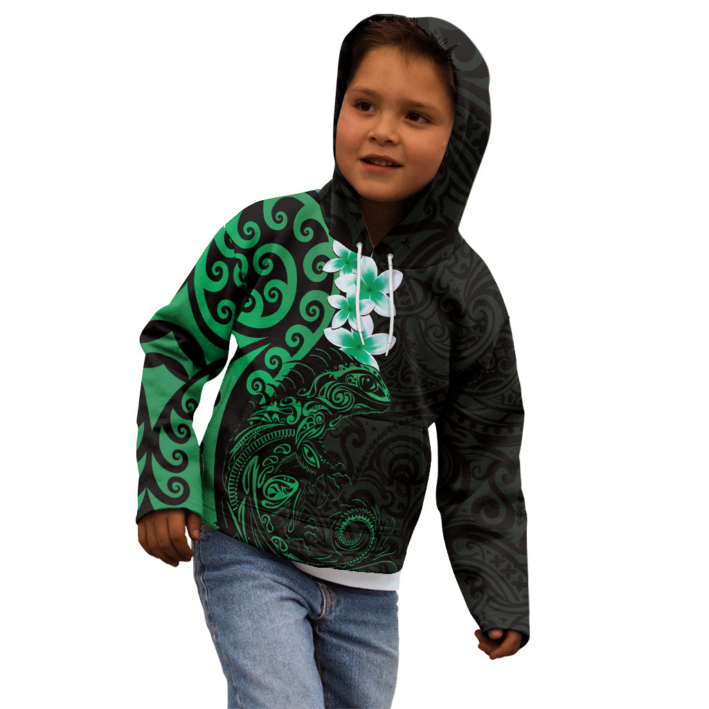 New Zealand Tuatara Plumeria Kid Hoodie Maori Green Koru Tribal Tattoo LT01 - Polynesian Pride