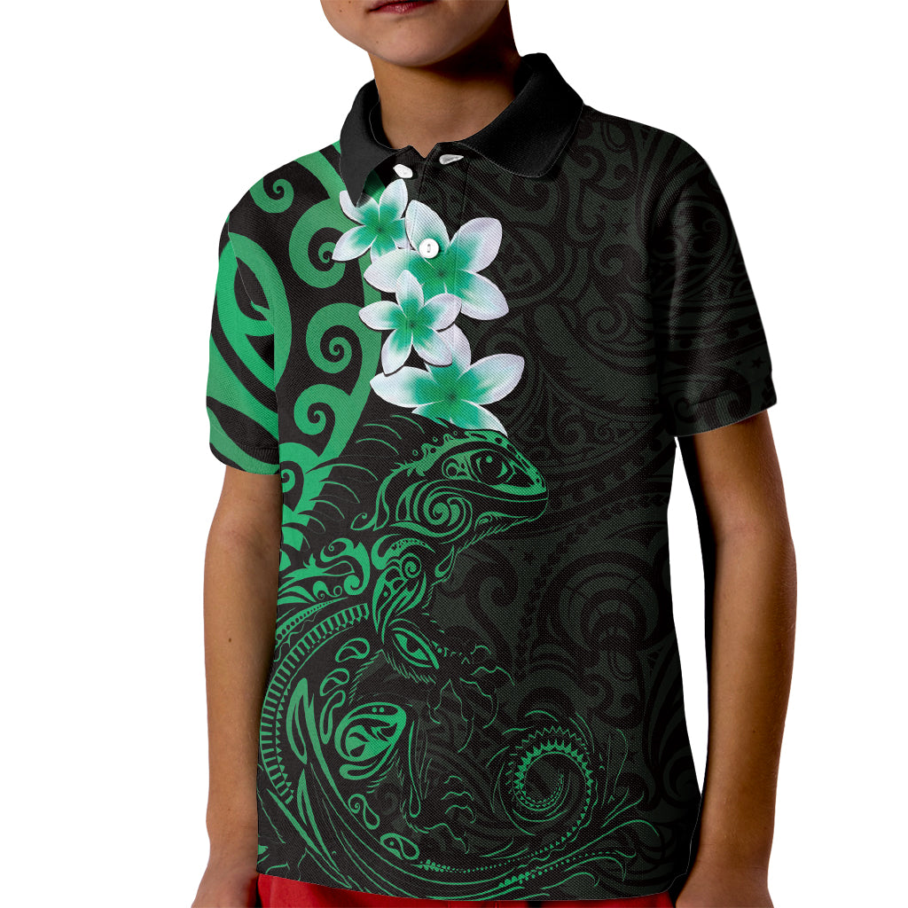 New Zealand Tuatara Plumeria Kid Polo Shirt Maori Green Koru Tribal Tattoo LT01 Kid Green - Polynesian Pride