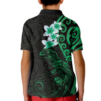 New Zealand Tuatara Plumeria Kid Polo Shirt Maori Green Koru Tribal Tattoo LT01 - Polynesian Pride