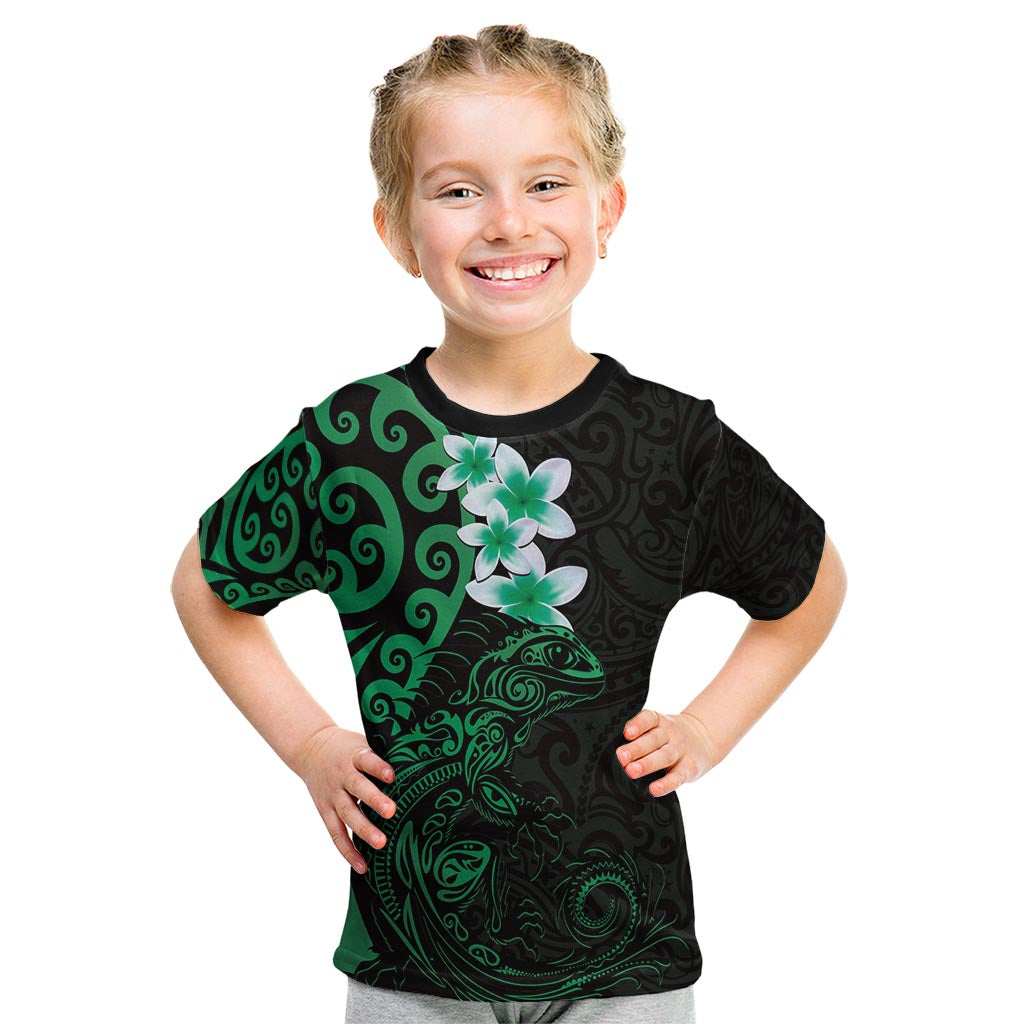 New Zealand Tuatara Plumeria Kid T Shirt Maori Green Koru Tribal Tattoo LT01 Green - Polynesian Pride