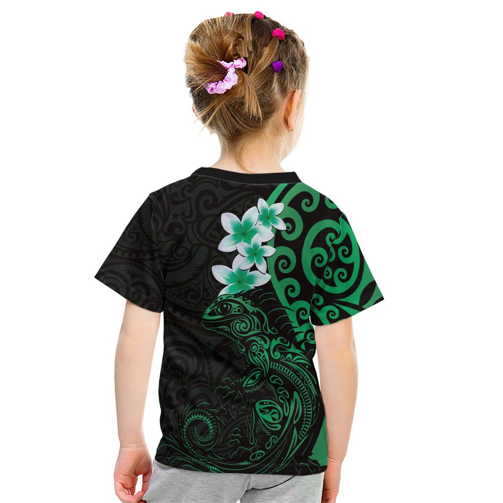 New Zealand Tuatara Plumeria Kid T Shirt Maori Green Koru Tribal Tattoo LT01 - Polynesian Pride