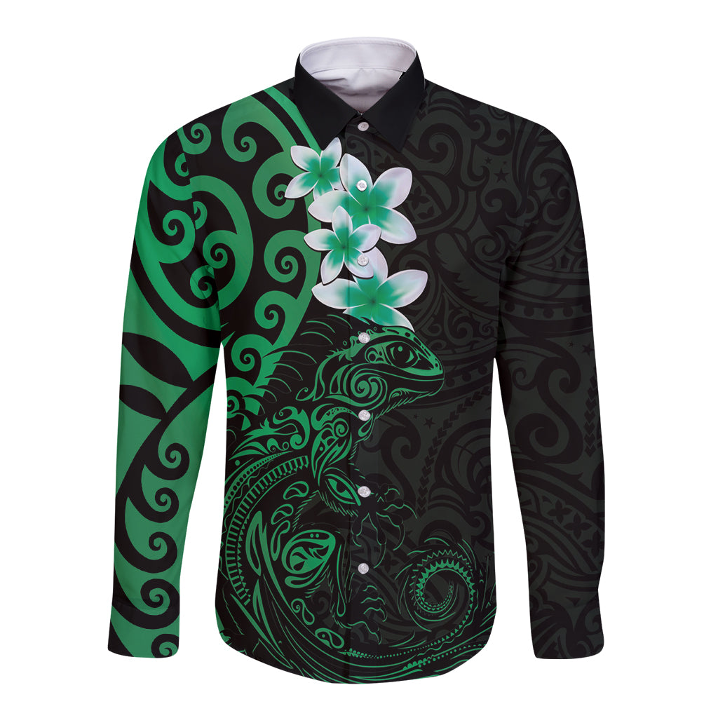 New Zealand Tuatara Plumeria Long Sleeve Button Shirt Maori Green Koru Tribal Tattoo LT01 Unisex Green - Polynesian Pride