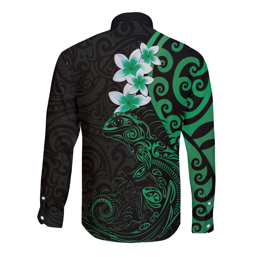 New Zealand Tuatara Plumeria Long Sleeve Button Shirt Maori Green Koru Tribal Tattoo LT01 - Polynesian Pride
