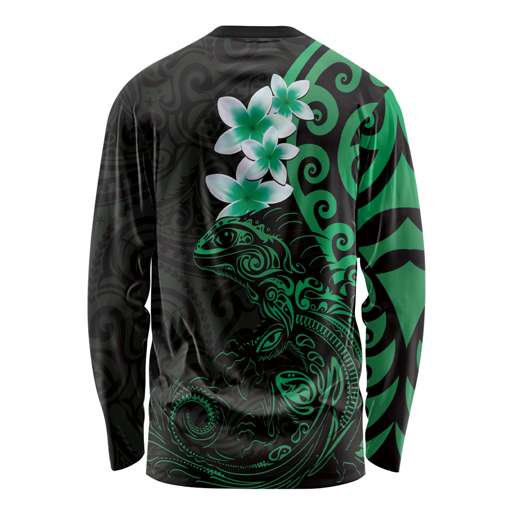 New Zealand Tuatara Plumeria Long Sleeve Shirt Maori Green Koru Tribal Tattoo LT01 - Polynesian Pride
