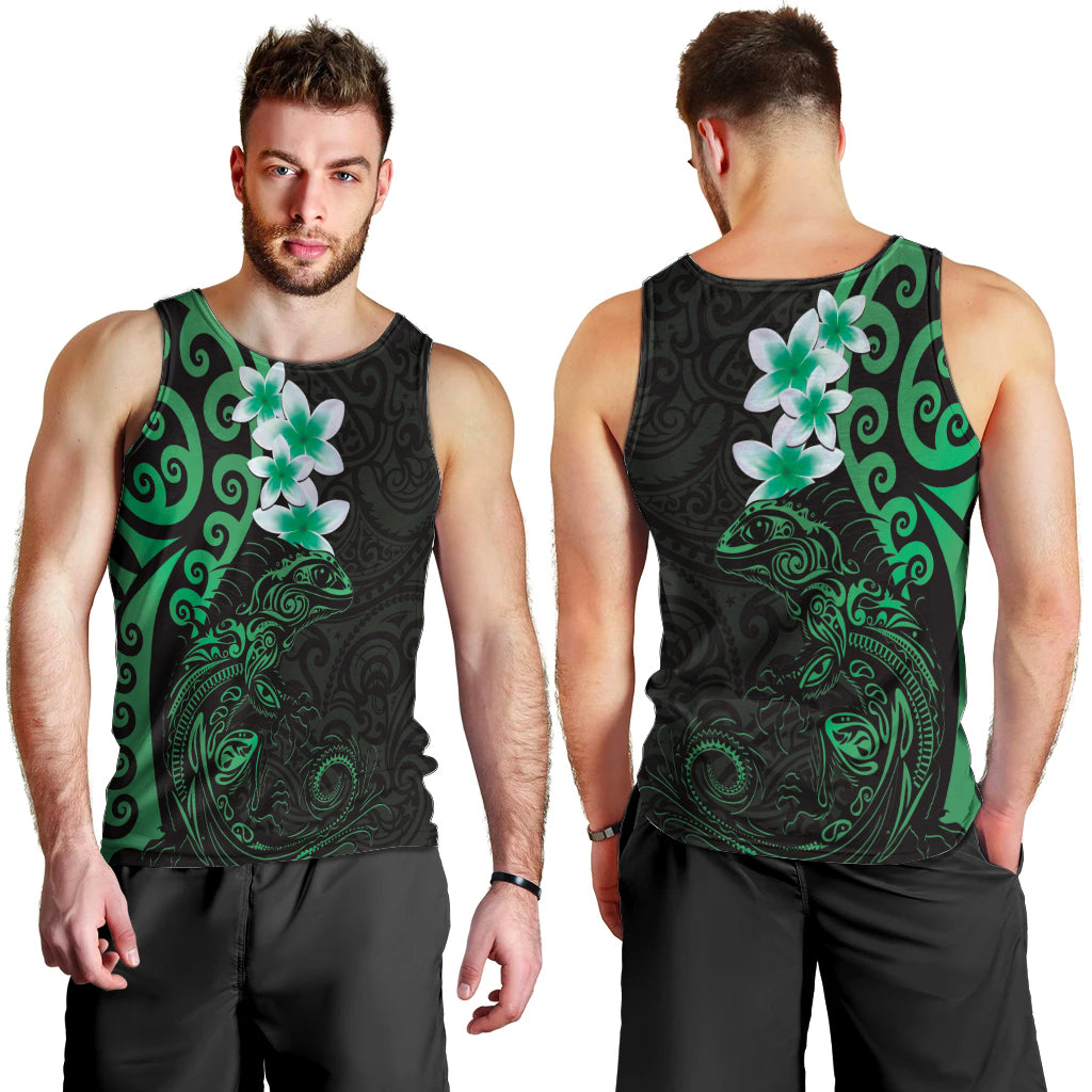 New Zealand Tuatara Plumeria Men Tank Top Maori Green Koru Tribal Tattoo LT01 - Polynesian Pride