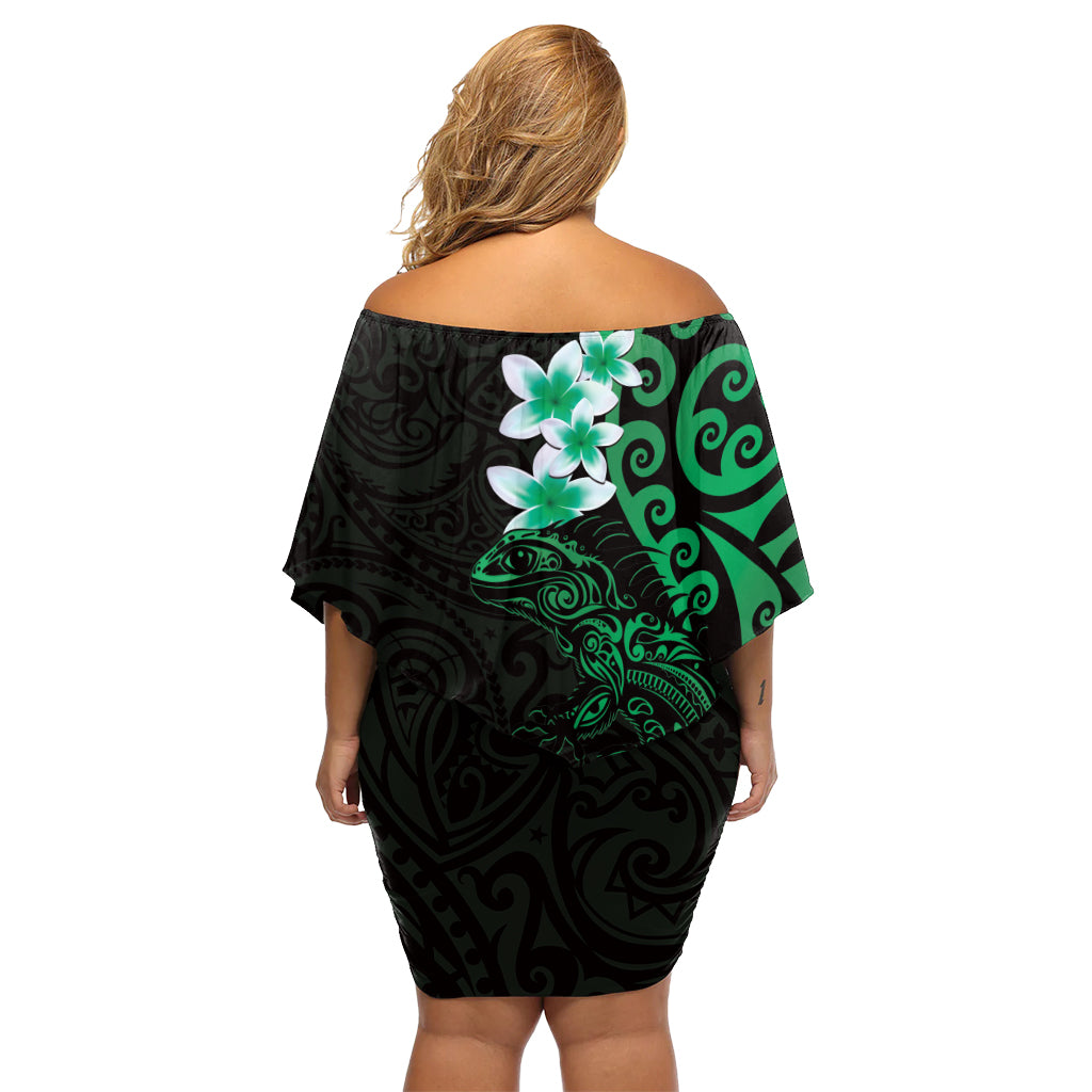 New Zealand Tuatara Plumeria Off Shoulder Short Dress Maori Green Koru Tribal Tattoo LT01 - Polynesian Pride