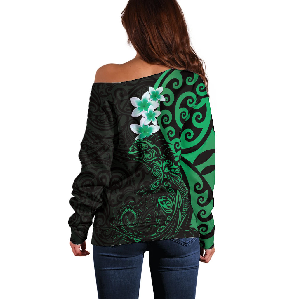 New Zealand Tuatara Plumeria Off Shoulder Sweater Maori Green Koru Tribal Tattoo LT01 - Polynesian Pride