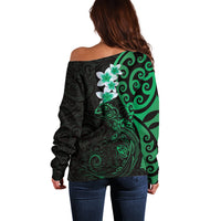 New Zealand Tuatara Plumeria Off Shoulder Sweater Maori Green Koru Tribal Tattoo LT01 - Polynesian Pride