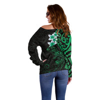 New Zealand Tuatara Plumeria Off Shoulder Sweater Maori Green Koru Tribal Tattoo LT01 - Polynesian Pride