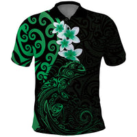 New Zealand Tuatara Plumeria Polo Shirt Maori Green Koru Tribal Tattoo LT01 Green - Polynesian Pride