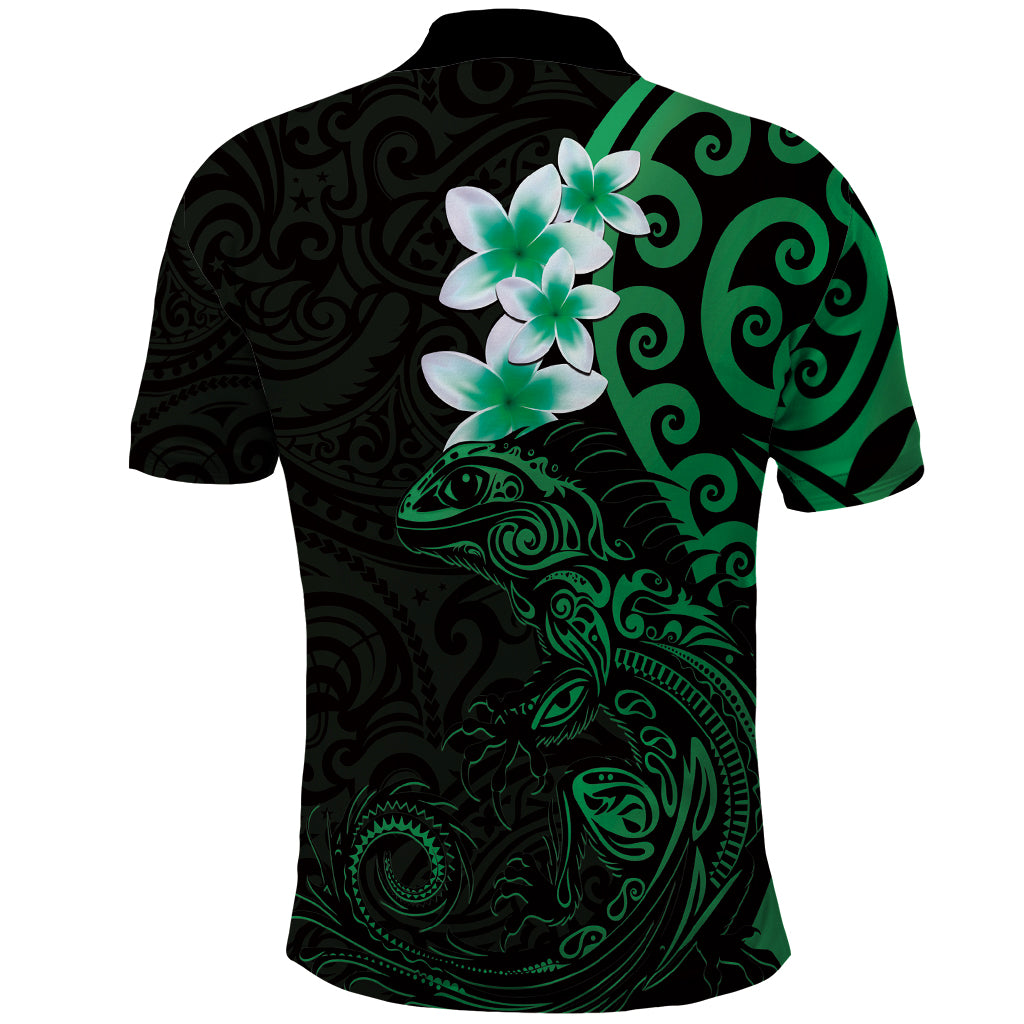 New Zealand Tuatara Plumeria Polo Shirt Maori Green Koru Tribal Tattoo LT01 - Polynesian Pride