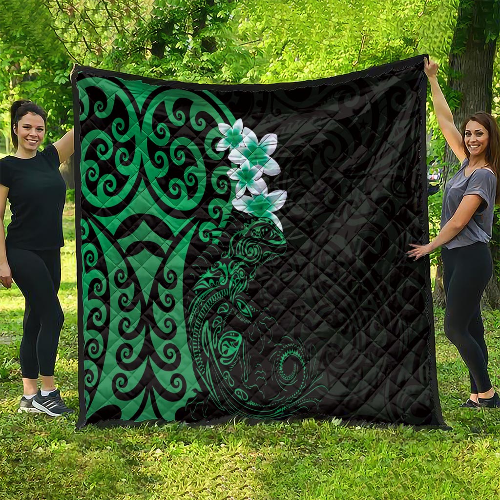 New Zealand Tuatara Plumeria Quilt Maori Green Koru Tribal Tattoo LT01 - Polynesian Pride