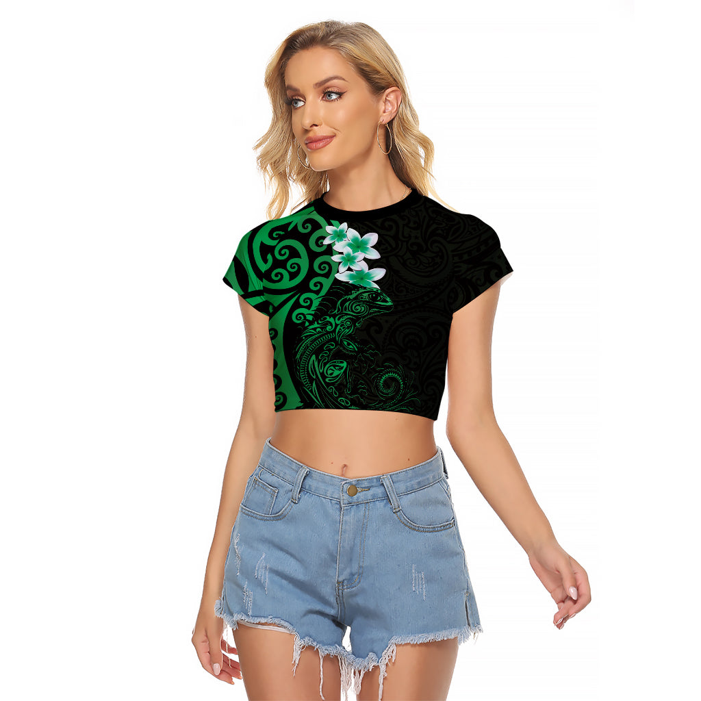 New Zealand Tuatara Plumeria Raglan Cropped T Shirt Maori Green Koru Tribal Tattoo LT01 Female Green - Polynesian Pride