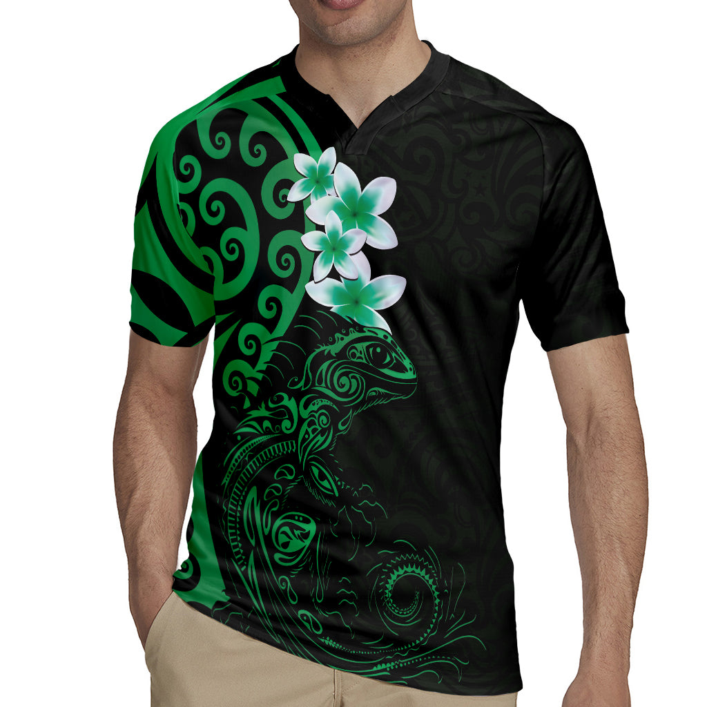 New Zealand Tuatara Plumeria Rugby Jersey Maori Green Koru Tribal Tattoo LT01 - Polynesian Pride