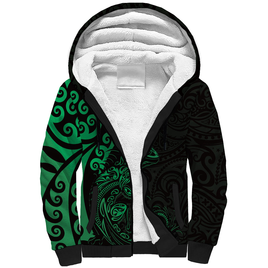 New Zealand Tuatara Plumeria Sherpa Hoodie Maori Green Koru Tribal Tattoo LT01 Unisex Green - Polynesian Pride
