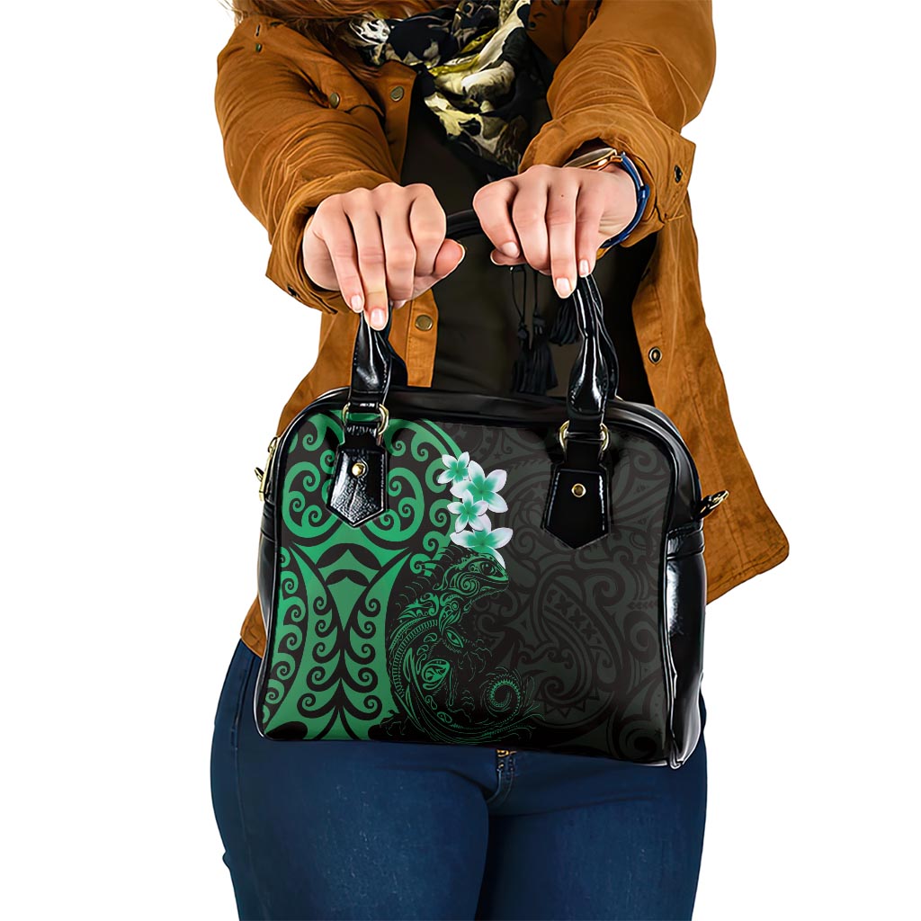 New Zealand Tuatara Plumeria Shoulder Handbag Maori Green Koru Tribal Tattoo LT01 One Size Green - Polynesian Pride
