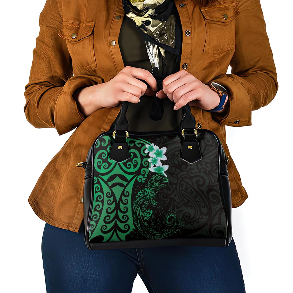 New Zealand Tuatara Plumeria Shoulder Handbag Maori Green Koru Tribal Tattoo LT01 - Polynesian Pride