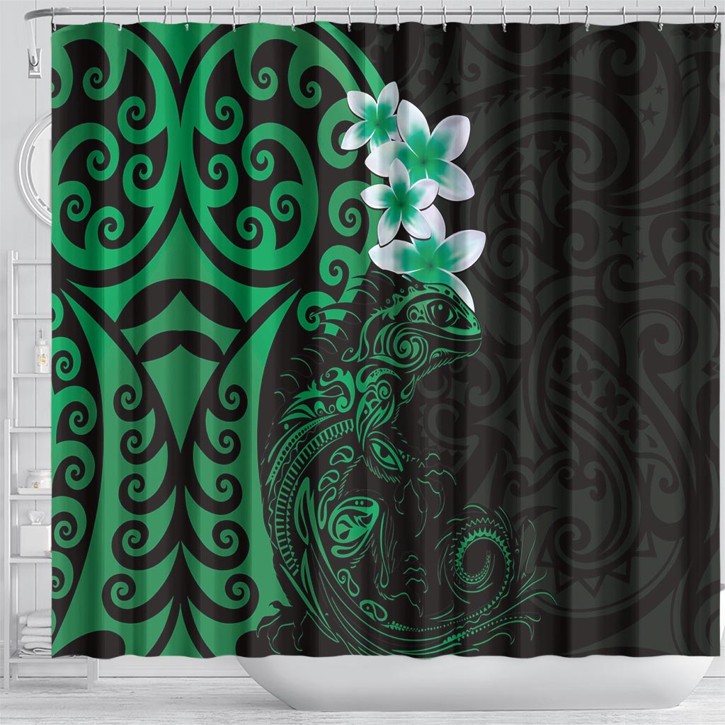 New Zealand Tuatara Plumeria Shower Curtain Maori Green Koru Tribal Tattoo LT01 - Polynesian Pride