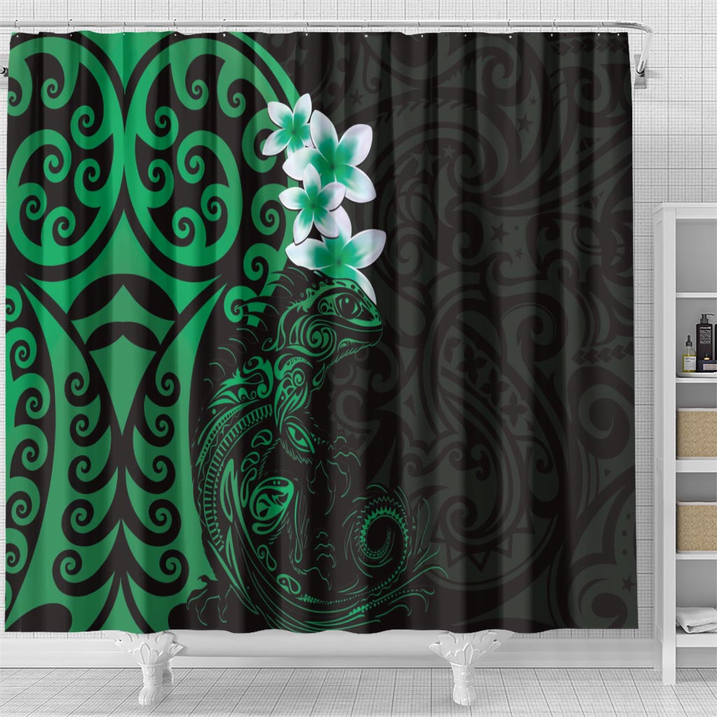 New Zealand Tuatara Plumeria Shower Curtain Maori Green Koru Tribal Tattoo LT01 - Polynesian Pride