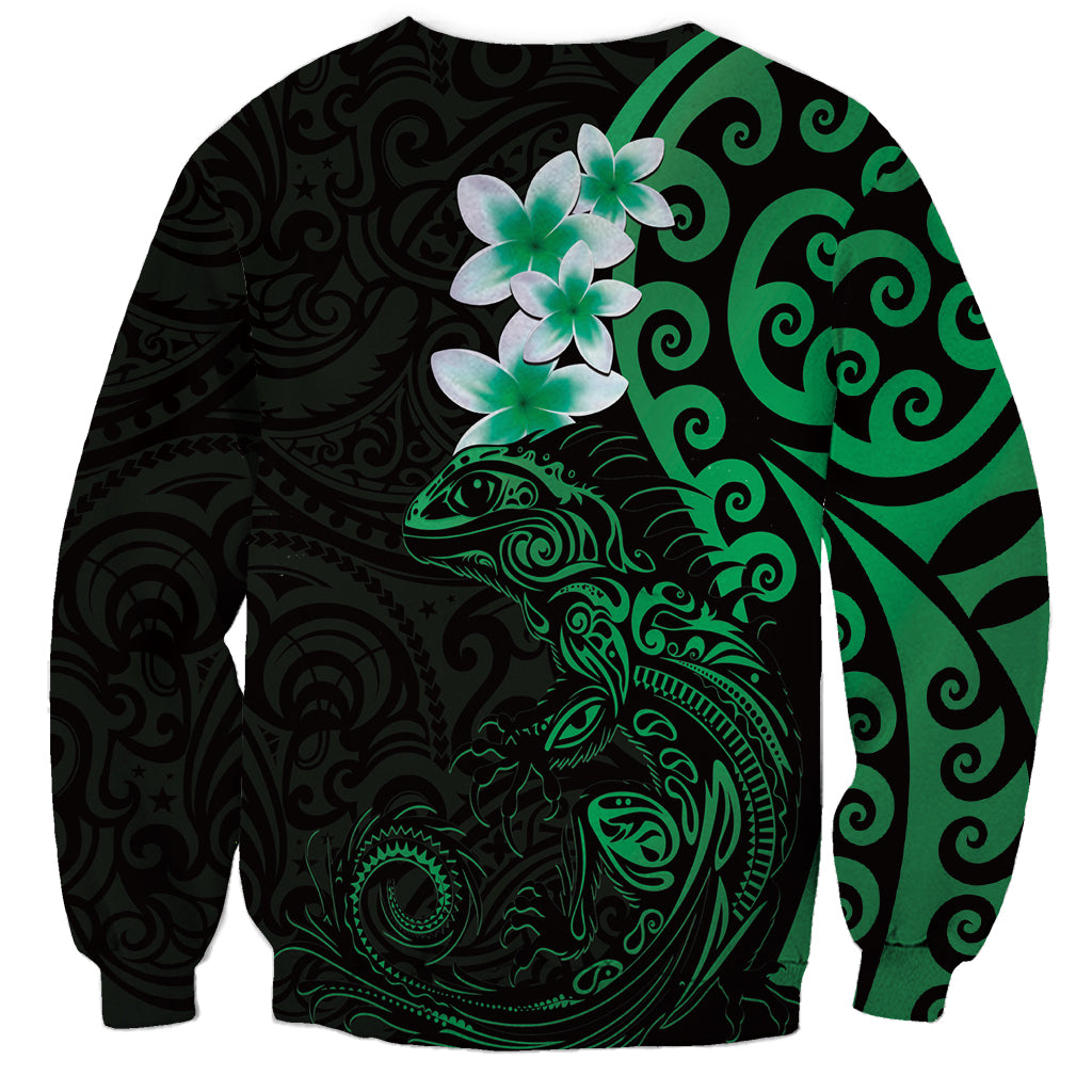 New Zealand Tuatara Plumeria Sweatshirt Maori Green Koru Tribal Tattoo LT01 - Polynesian Pride
