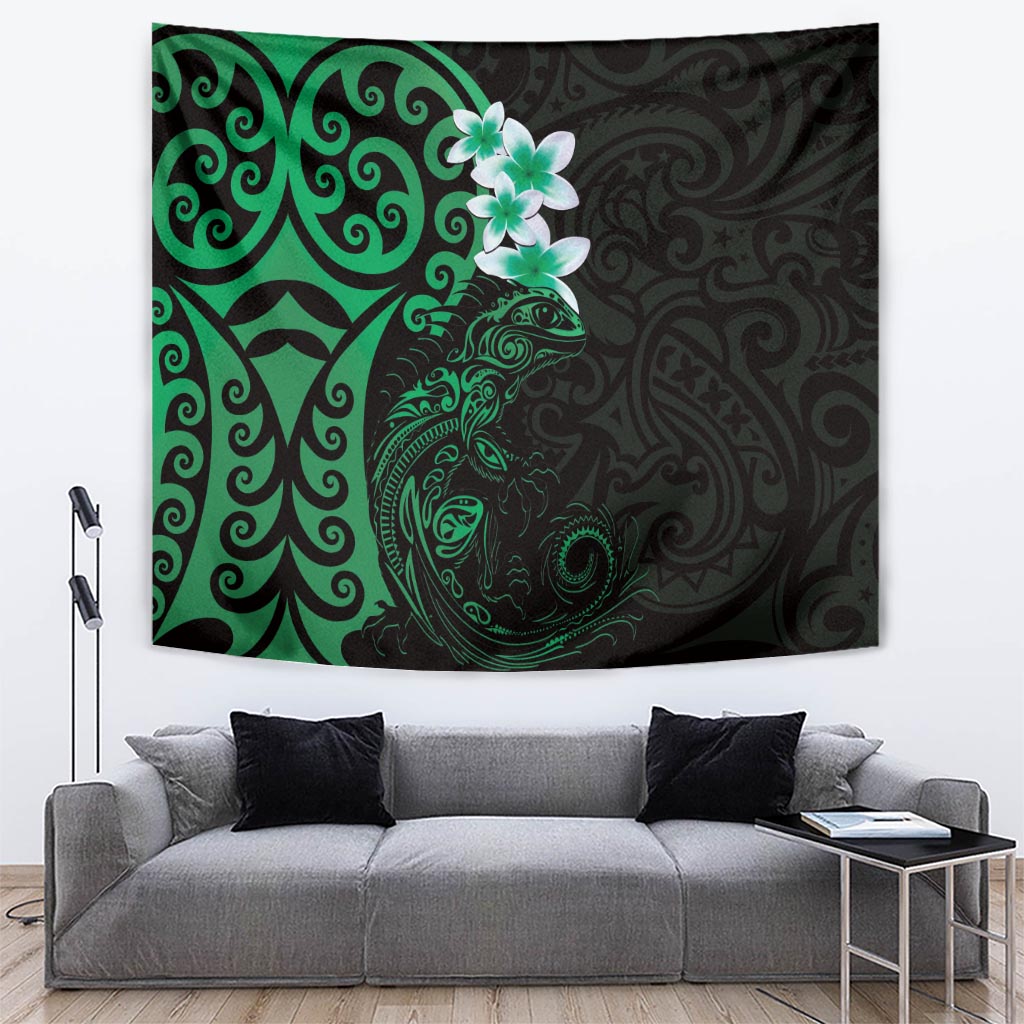 New Zealand Tuatara Plumeria Tapestry Maori Green Koru Tribal Tattoo LT01 Green - Polynesian Pride
