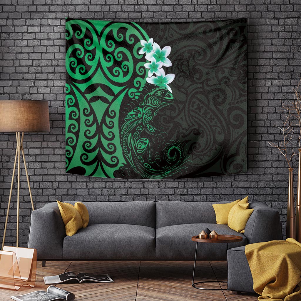 New Zealand Tuatara Plumeria Tapestry Maori Green Koru Tribal Tattoo LT01 - Polynesian Pride