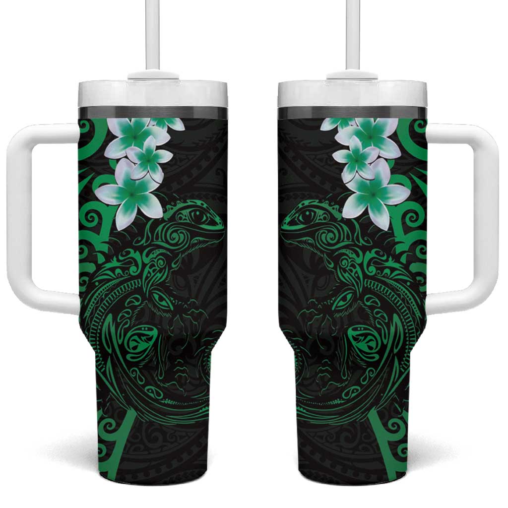 New Zealand Tuatara Plumeria Tumbler With Handle Maori Green Koru Tribal Tattoo LT01 One Size: 40 oz Green - Polynesian Pride
