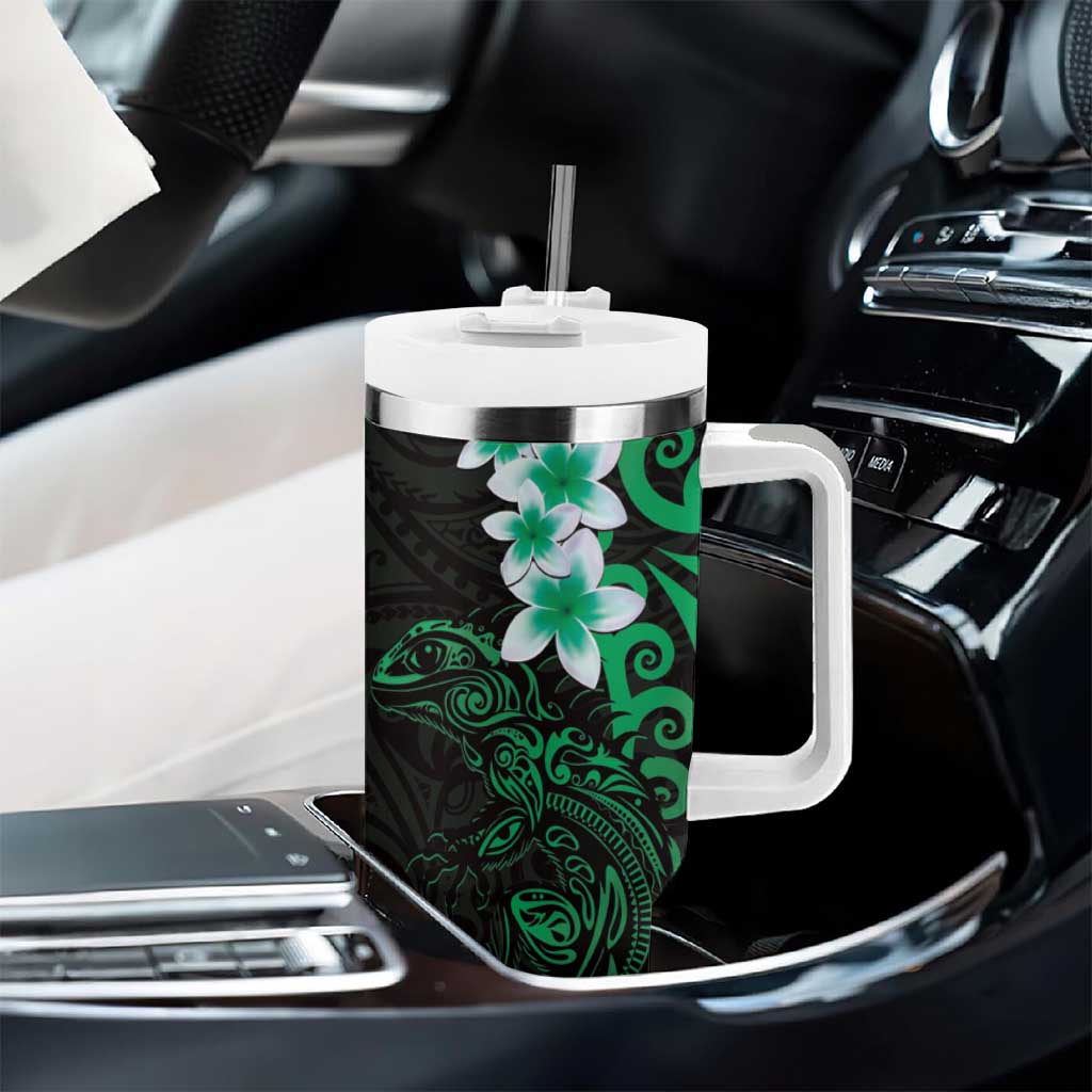 New Zealand Tuatara Plumeria Tumbler With Handle Maori Green Koru Tribal Tattoo LT01 - Polynesian Pride