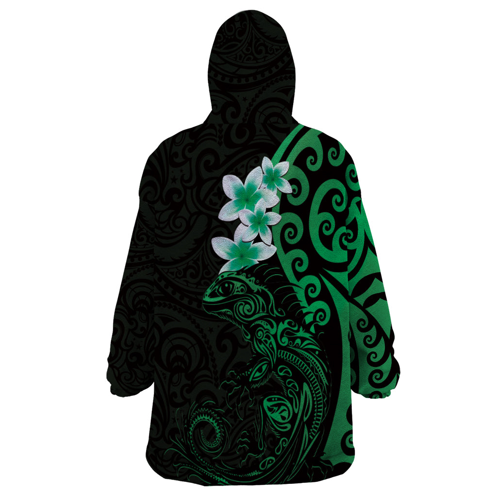 New Zealand Tuatara Plumeria Wearable Blanket Hoodie Maori Green Koru Tribal Tattoo LT01 - Polynesian Pride