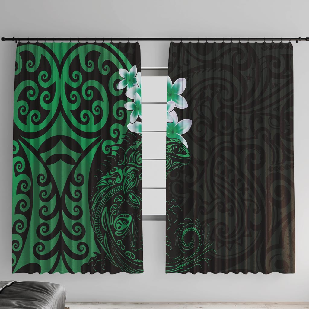 New Zealand Tuatara Plumeria Window Curtain Maori Green Koru Tribal Tattoo LT01 With Hooks Green - Polynesian Pride