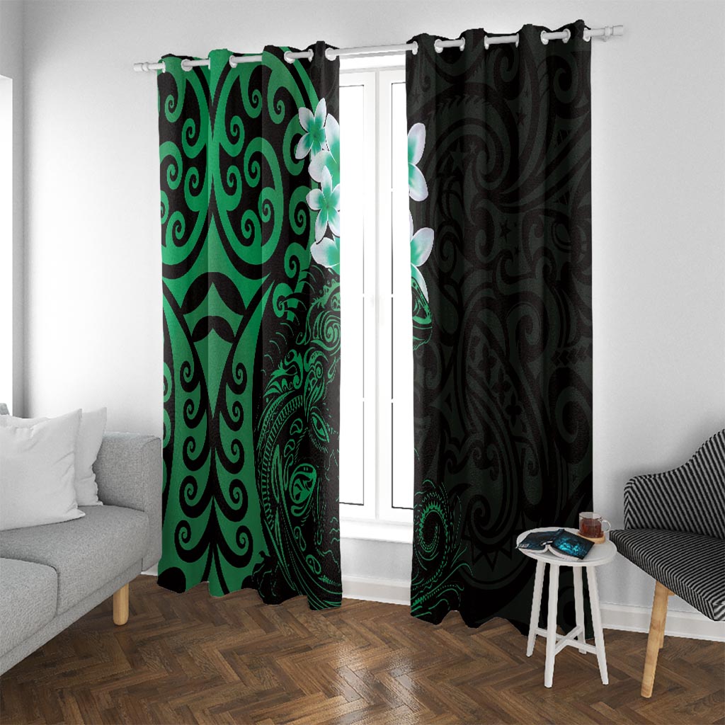 New Zealand Tuatara Plumeria Window Curtain Maori Green Koru Tribal Tattoo LT01 With Grommets Green - Polynesian Pride