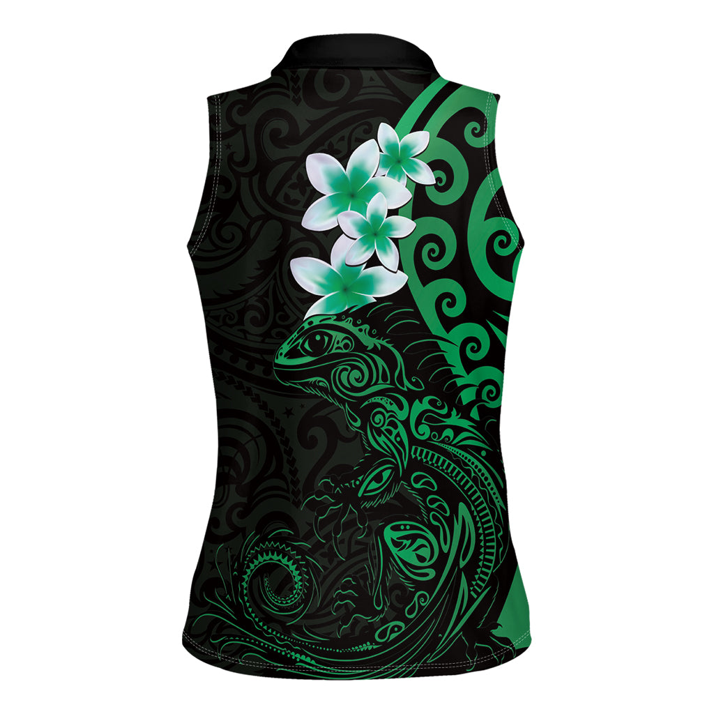 New Zealand Tuatara Plumeria Women Sleeveless Polo Shirt Maori Green Koru Tribal Tattoo LT01 - Polynesian Pride