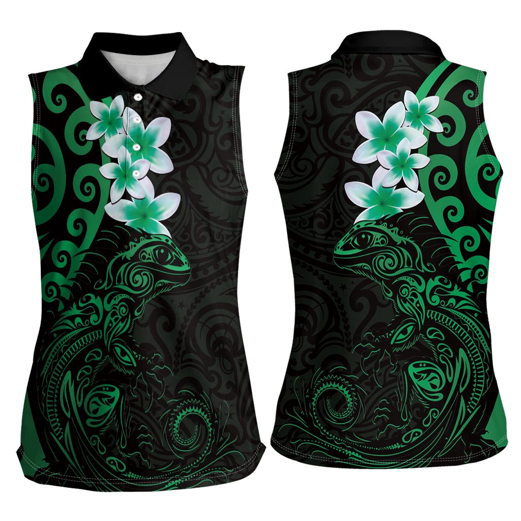 New Zealand Tuatara Plumeria Women Sleeveless Polo Shirt Maori Green Koru Tribal Tattoo LT01 - Polynesian Pride