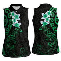 New Zealand Tuatara Plumeria Women Sleeveless Polo Shirt Maori Green Koru Tribal Tattoo LT01 - Polynesian Pride