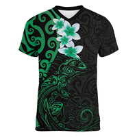 New Zealand Tuatara Plumeria Women V-Neck T-Shirt Maori Green Koru Tribal Tattoo LT01 Female Green - Polynesian Pride